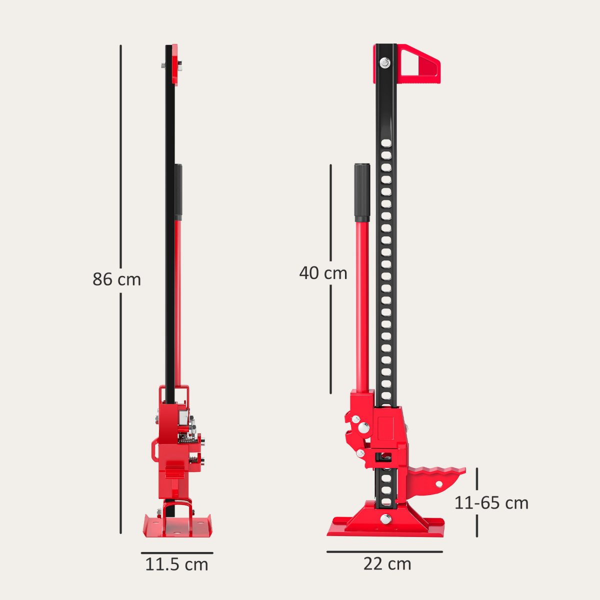 HOMCOM 3 Tonne High Lift Farm Jack, 33" Steel Ratchet Jack with 11–65cm Lift – for 4x4s, Tractors & Trucks, Red