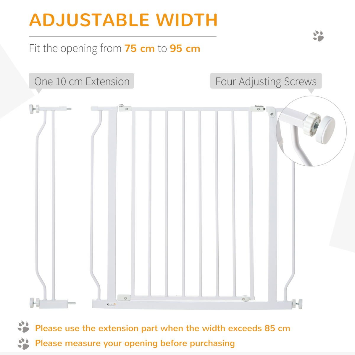 PawHut Pressure Fit Dog Gate with Door, 75–95cm Adjustable Wide Stair Gate – Steel Barrier, White
