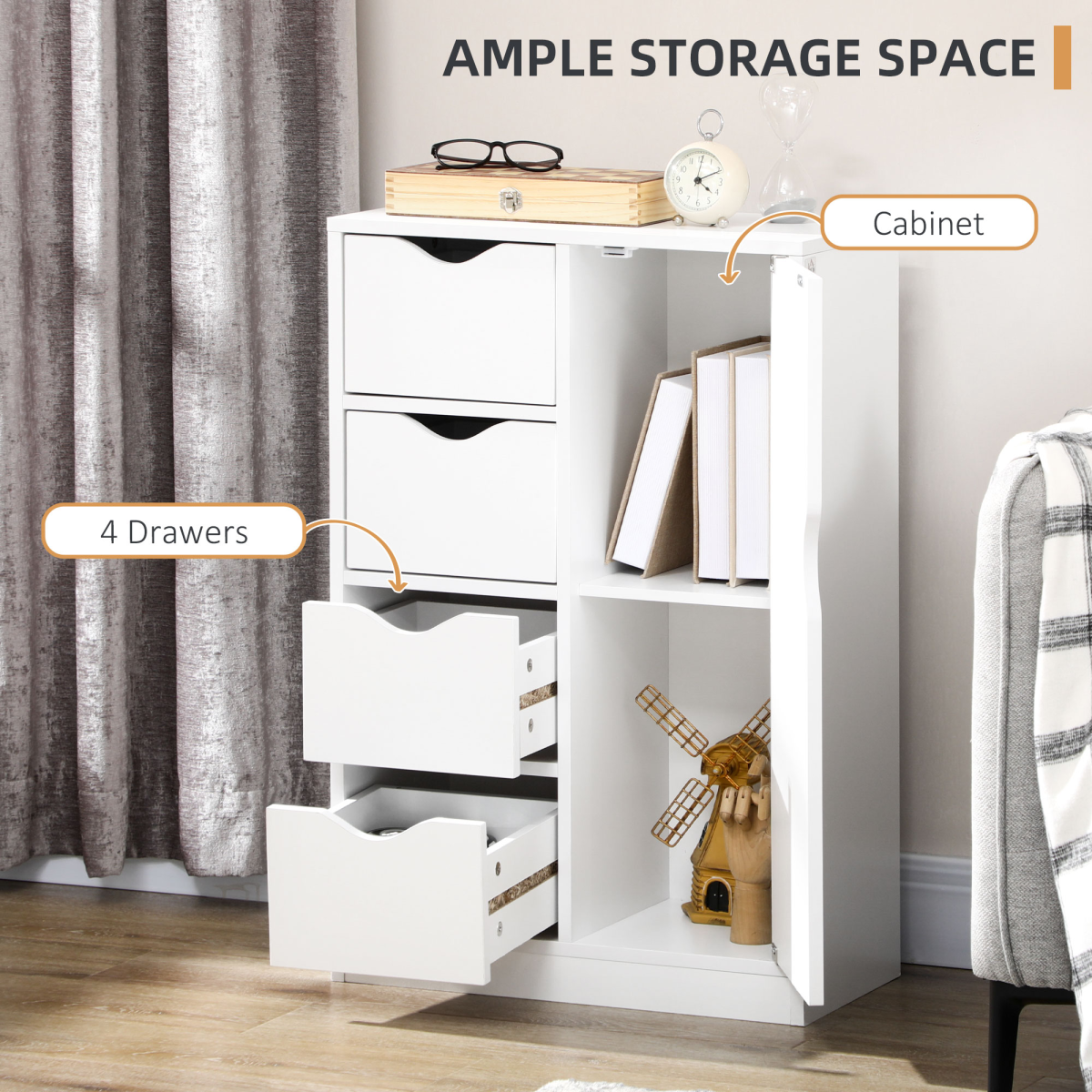 HOMCOM Modern White Storage Cabinet Organiser with 4 Drawers & Side Shelf Cupboard