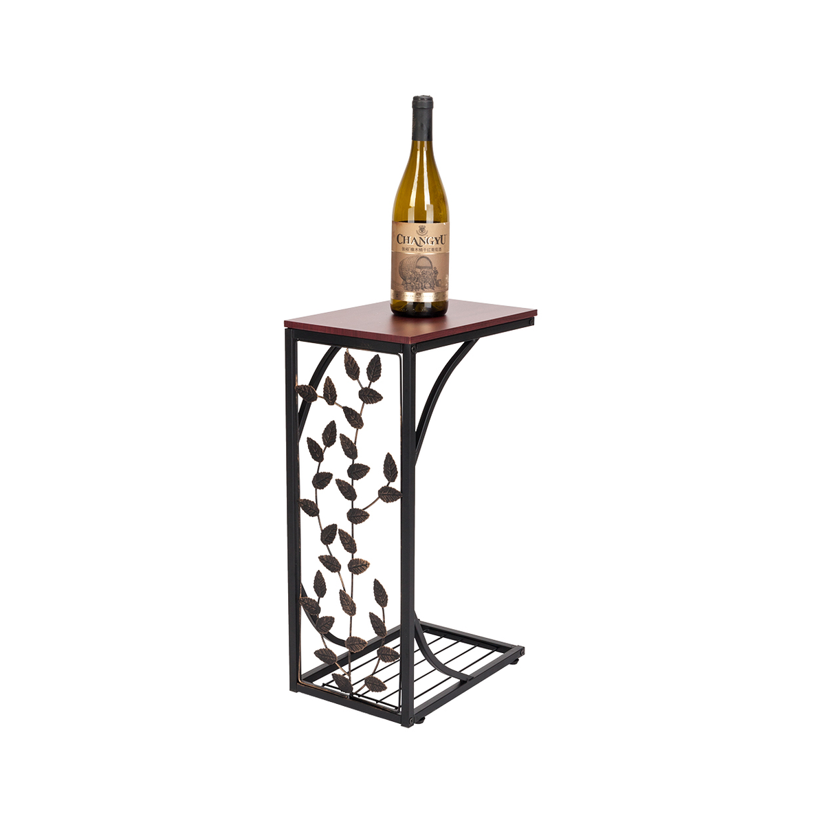 Leaf Pattern Iron Side Table with MDF Top – Compact Coffee & End Table for Small Spaces, Brown & Gold