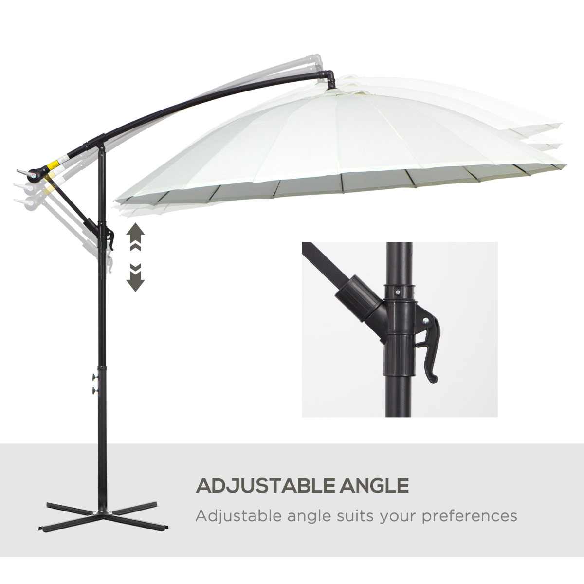Outsunny 3m Offset Cantilever Parasol with Hand Crank, 18 Fibreglass Ribs & Cross Base – Garden Shade, Off-White