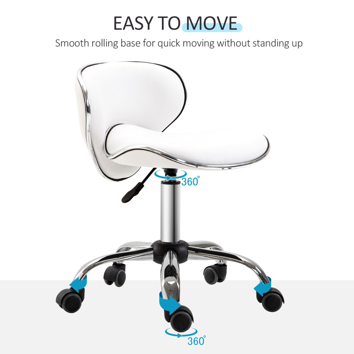 HOMCOM Rolling Salon Stool with Low Back, Saddle Seat & Height Adjustment – Beauty Technician Chair, White