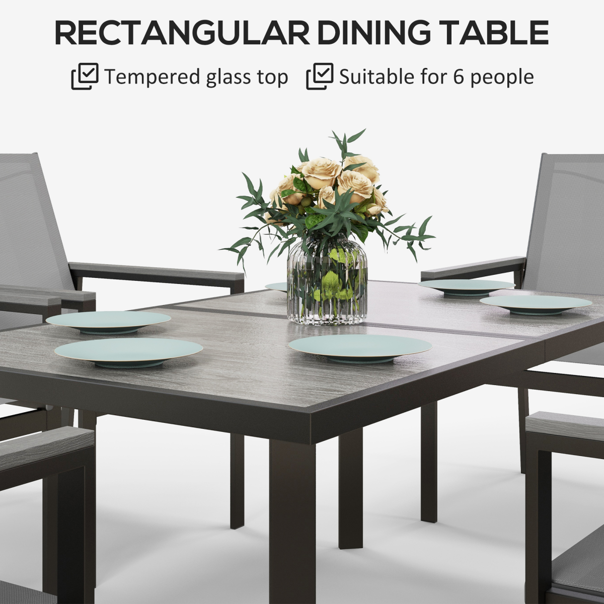 Outsunny 7-Piece Garden Dining Set with Tempered Glass Table and 6 Mesh Chairs – Patio Furniture, Grey