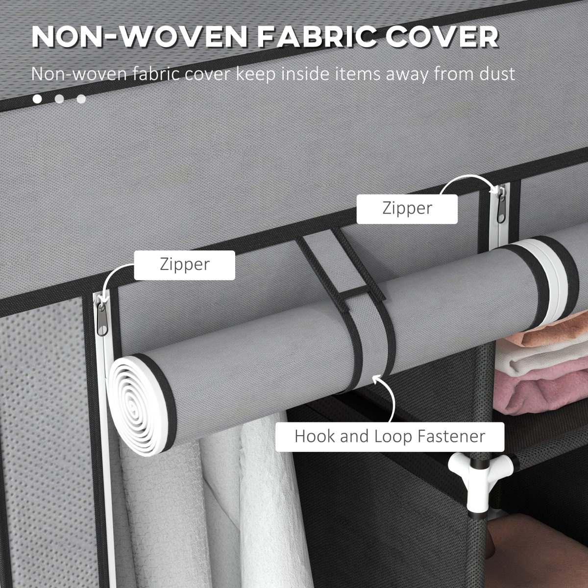 HOMCOM Portable Wardrobe with 5 Shelves, 3 Fabric Drawers & 2 Hanging Rails – Grey