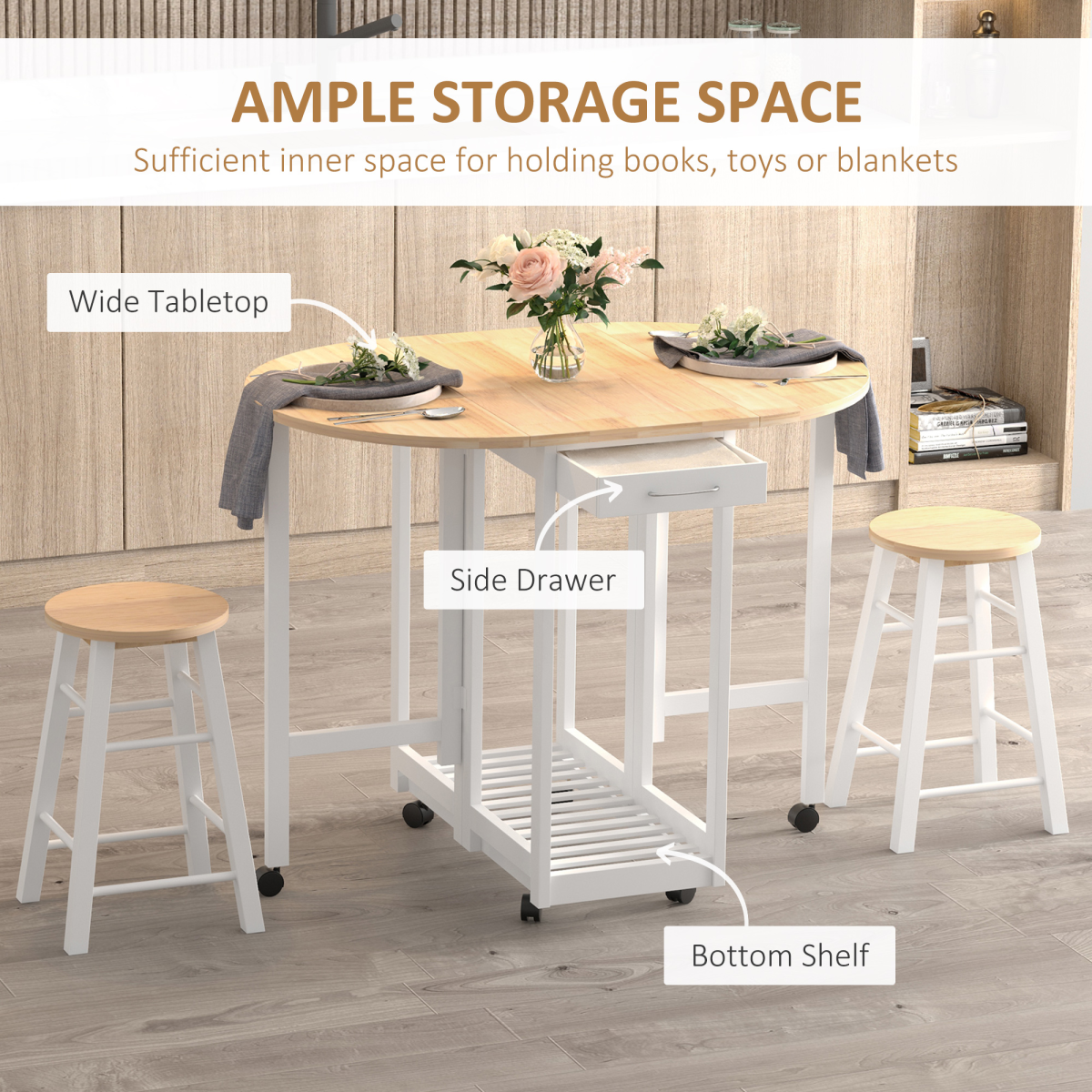 3-Piece Wooden Kitchen Cart with 2 Folding Stools, Drawers & Castor Wheels – Breakfast Bar Set for Small Kitchens