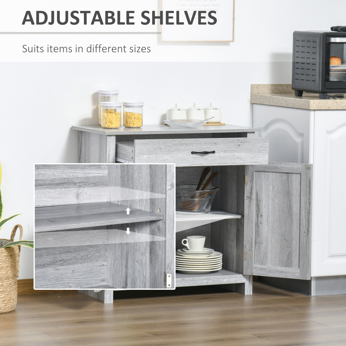 Farmhouse Barn Door Sideboard Buffet & Coffee Bar Cabinet – Sliding Door Kitchen Storage, Grey Wood Grain