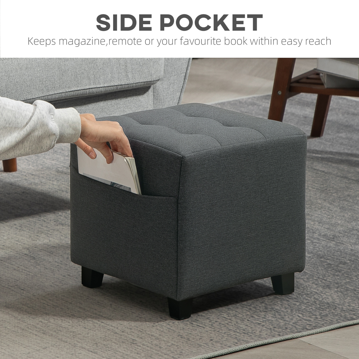 HOMCOM Small Square Footstool Ottoman with Padded Button-Tufted Seat and Side Pocket – Living Room, Grey