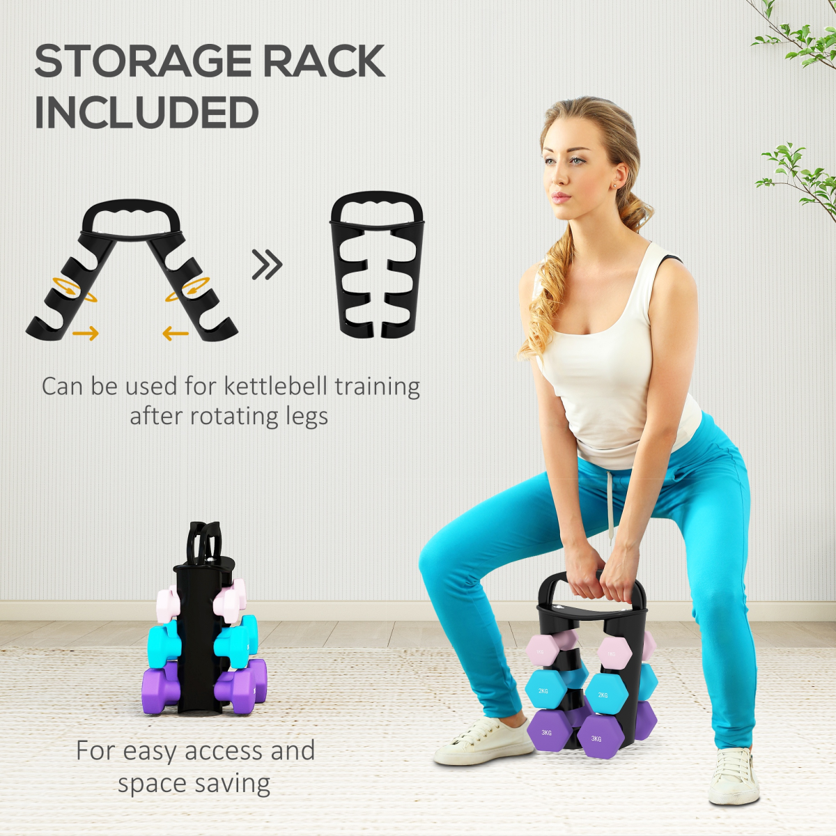 Dumbbell Set with Storage Rack, 12kg Total (2 x 1kg, 2 x 2kg, 2 x 3kg) – Home Gym Hand Weights, Pink, Blue & Purple
