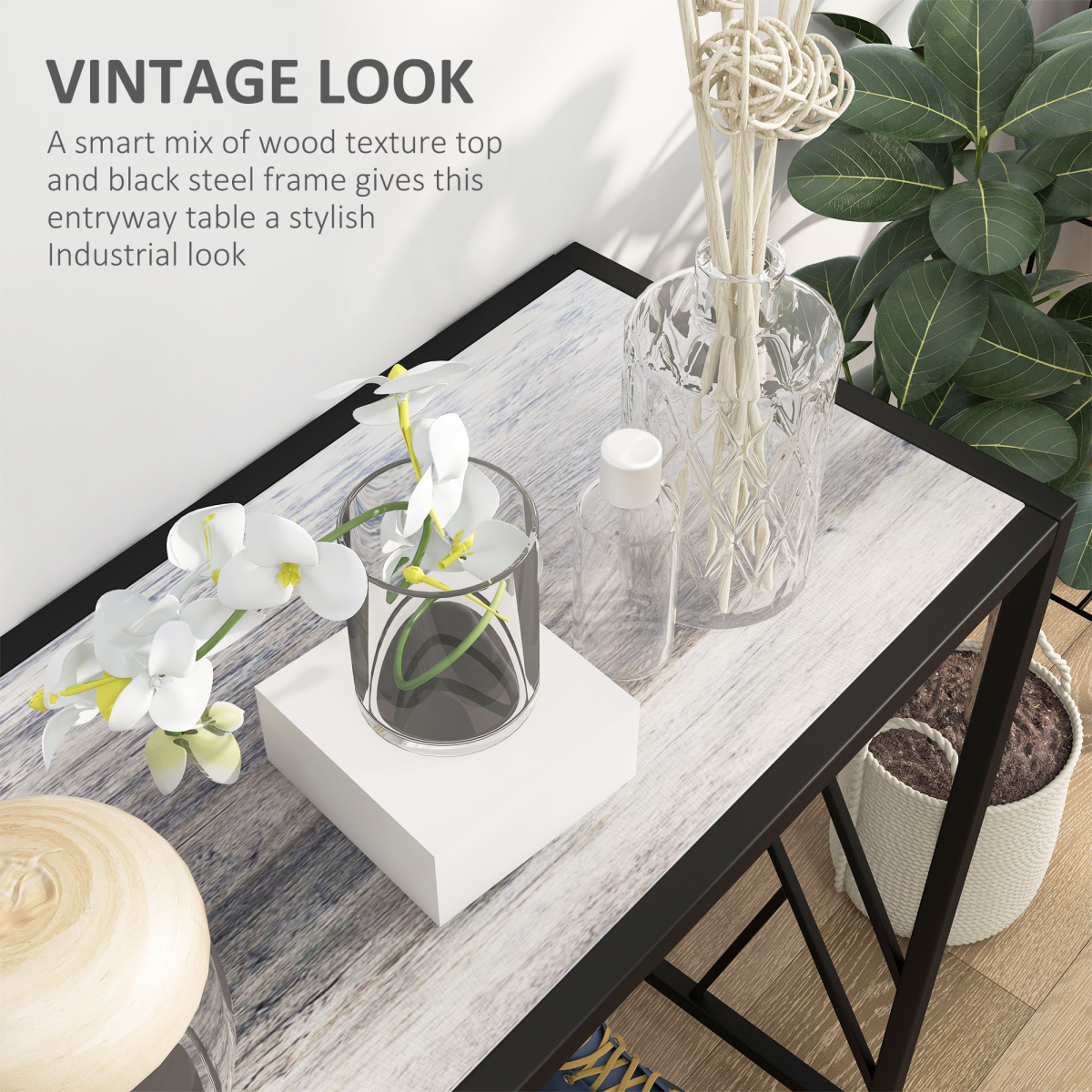 Vintage Industrial Console Table with Metal Frame and Wood-Effect Top – Hallway Sofa Table, Black and Grey