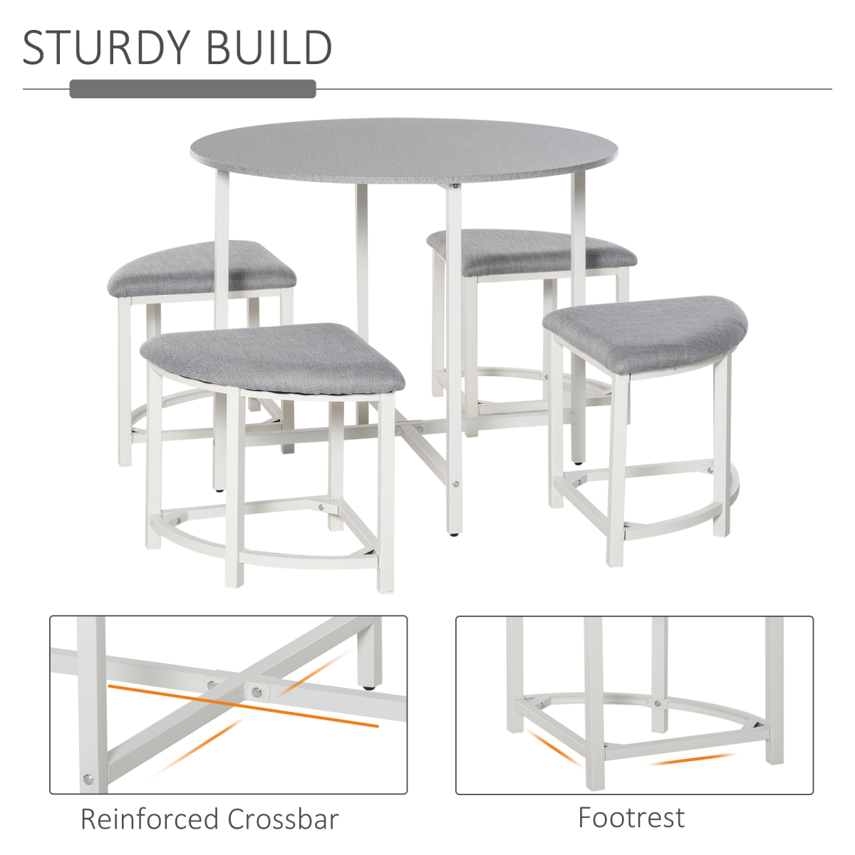 Modern Round Dining Table Set with 4 Upholstered Triangle Stools – Space-Saving, 90cm Diameter