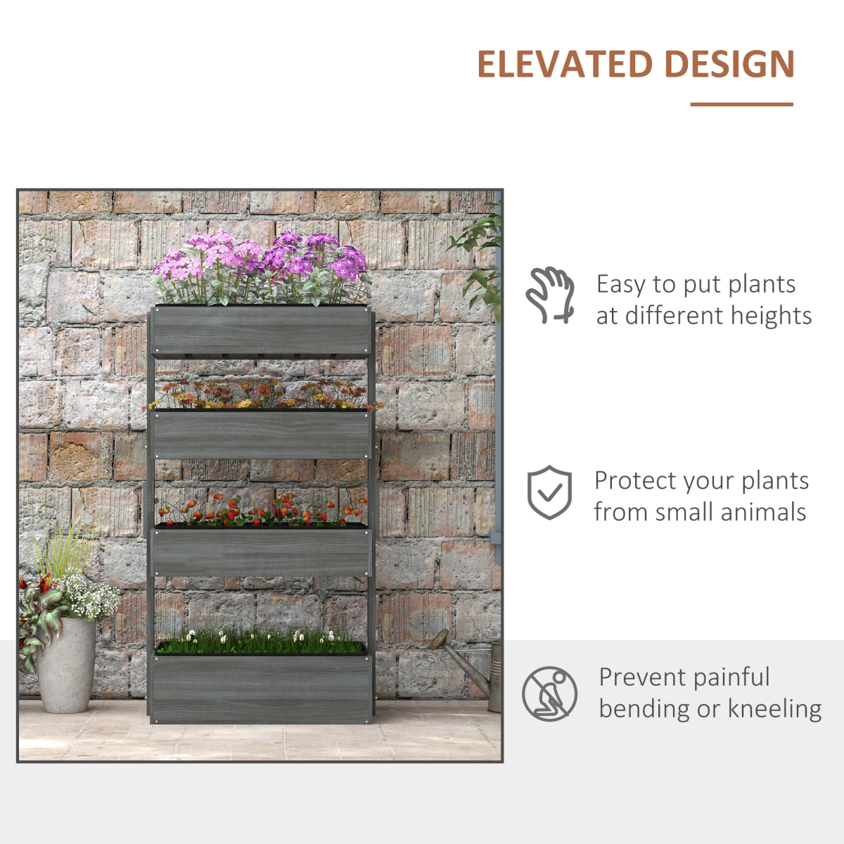Outsunny Four-Tier Wooden Raised Garden Bed Plant Stand with Fabric Liners – Flower Display, Grey