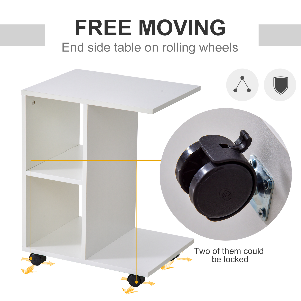C-Shaped Mobile End Table with 2 Shelves & Wheels – Slide-Under Sofa Side Table, White