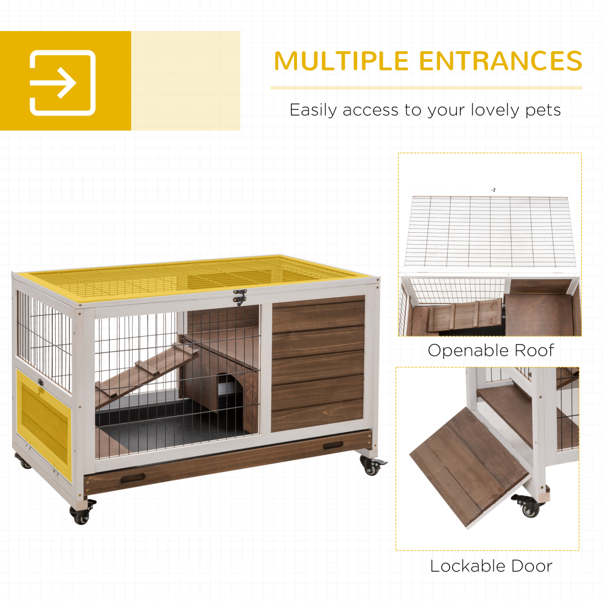 PawHut Wooden Indoor Rabbit Hutch with 2 Floors, Wheels and Openable Roof – Fir Wood Guinea Pig Cage
