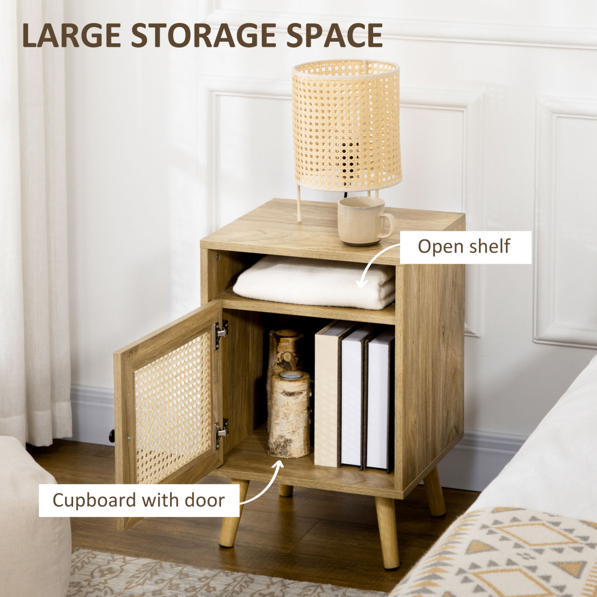 HOMCOM Rattan Bedside Table with Cabinet & Open Shelf – Boho Storage for Bedroom or Living Room