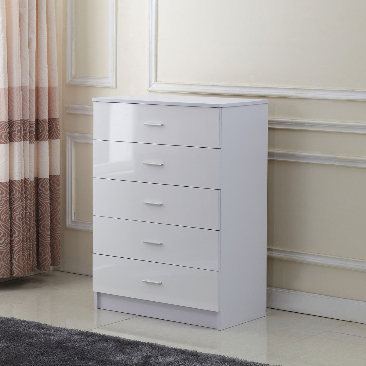 HOMCOM 3 Piece High Gloss Bedroom Furniture Set with Wardrobe, 5 Drawer Chest & Bedside Table – Tall, White