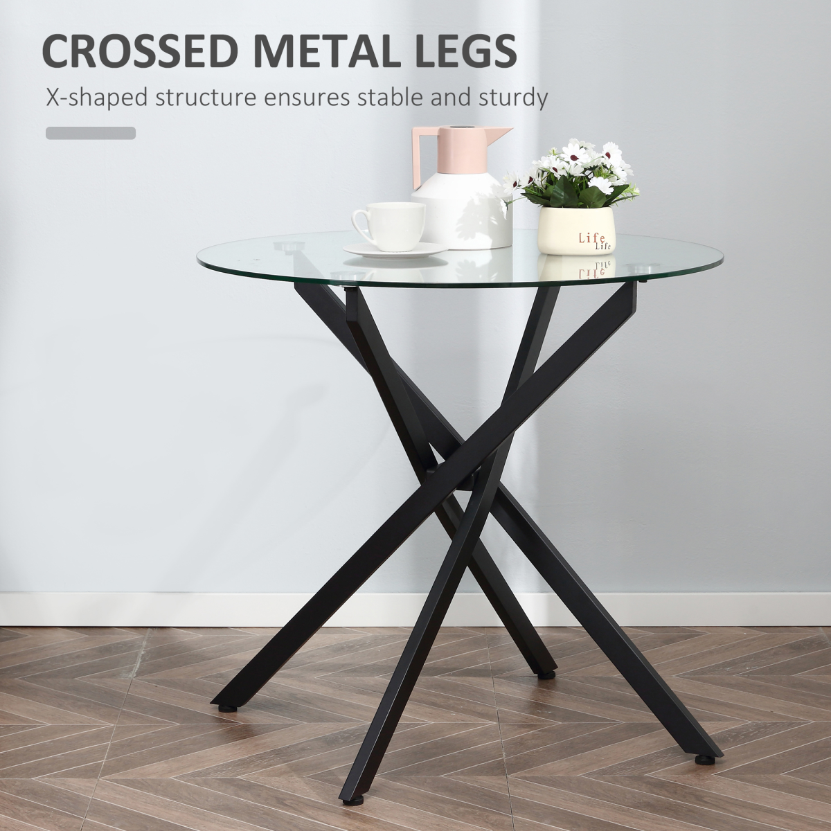 HOMCOM Round Clear Glass Side Table with Crossed Black Metal Legs – Modern Living Room and Bedroom Table