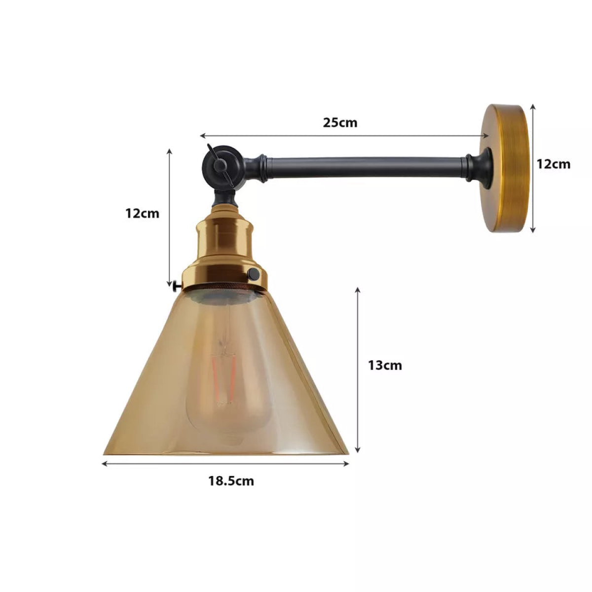 LEDSone Vintage Industrial Amber Glass Wall Light with Copper-Plated Base – Adjustable Bedside Wall Lamp, E27