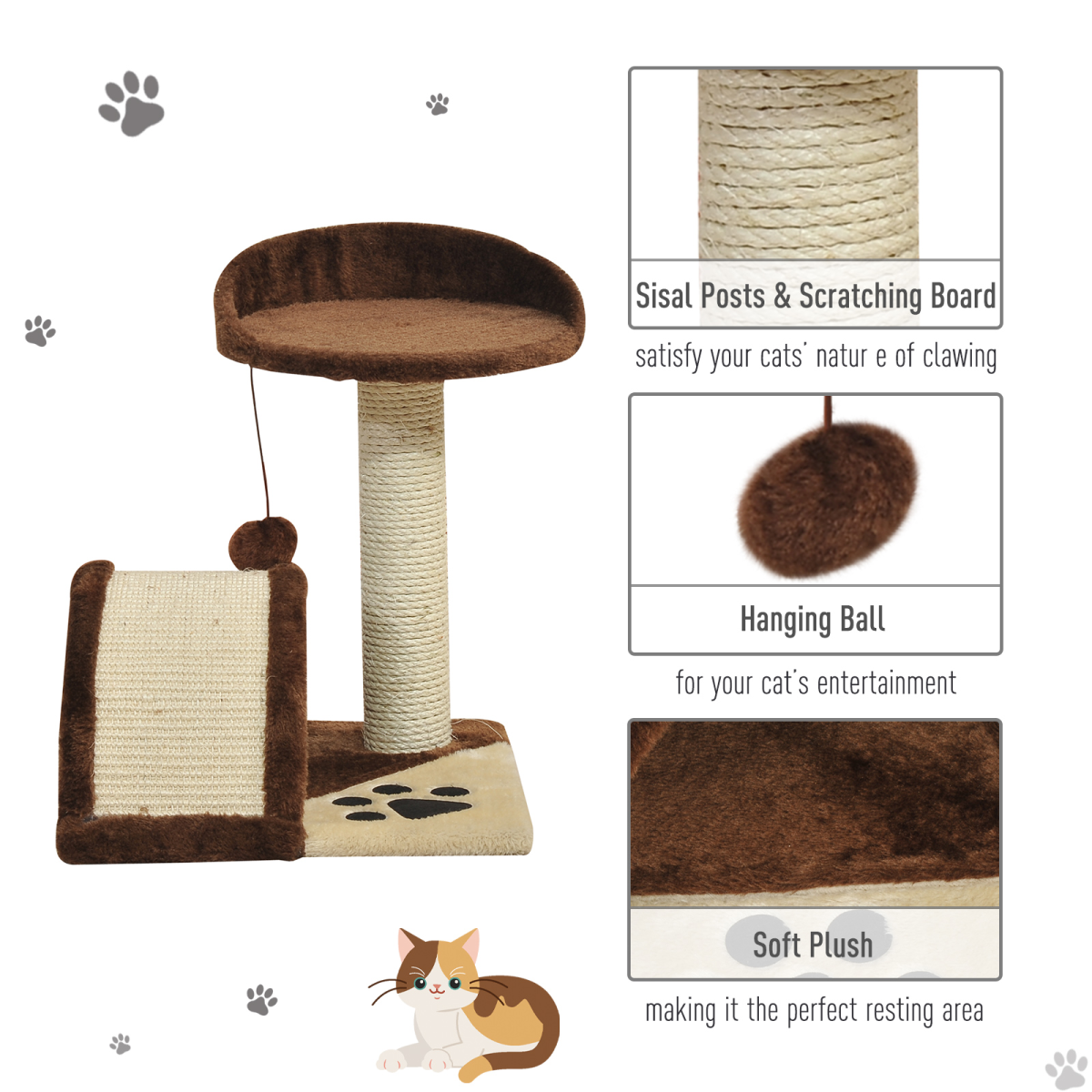 PawHut Cat Tree with Sisal Scratching Posts & Fun Ball Toy – Cosy Play and Rest Tower for Kittens, Brown