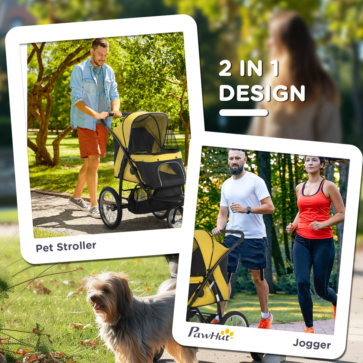 PawHut 3-Wheel Foldable Pet Stroller with Adjustable Canopy – For Small and Medium Dogs and Cats, Yellow