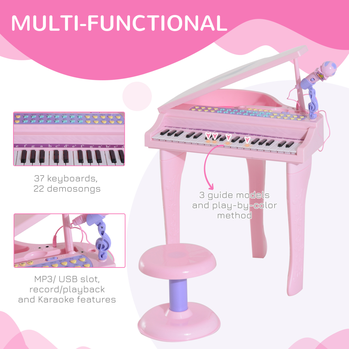 HOMCOM 37 Key Kids Electronic Mini Piano with Microphone & Stool – Musical Toy for Ages 3-6, Pink