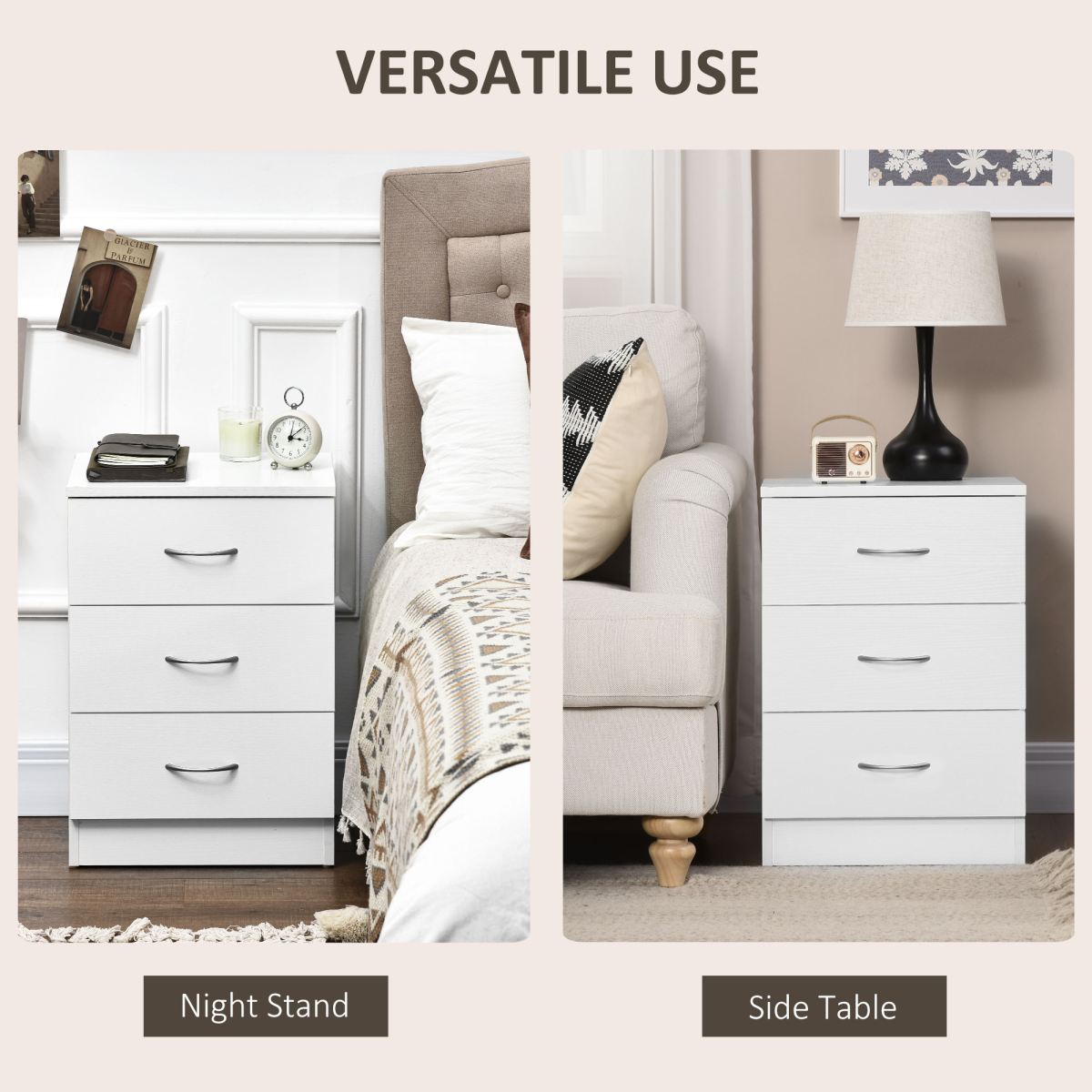 HOMCOM Modern 3 Drawer Bedside Table with Anti-Tipping Straps – Wooden Side Cabinet for Bedroom, White