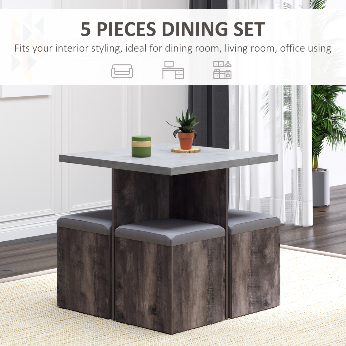 HOMCOM 5-Piece Wooden Garden Dining Set with Removable Lid Table and Four Chairs – Patio Furniture, Grey
