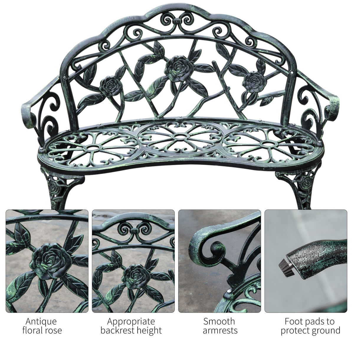 Outsunny Cast Aluminium Garden Bench with Rose Pattern & Curved Seat – Antique Verdigris Patio Chair