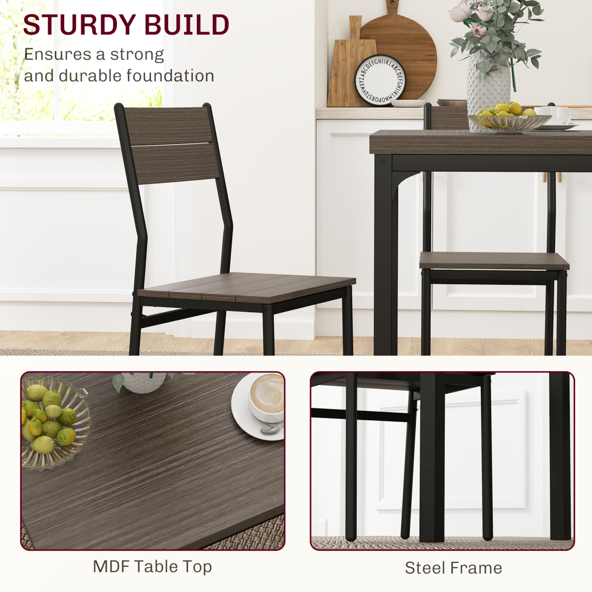 HOMCOM 3 Piece Compact Dining Table & 2 Chairs Set – Space-Saving Kitchen Dining, Grey Wood Grain