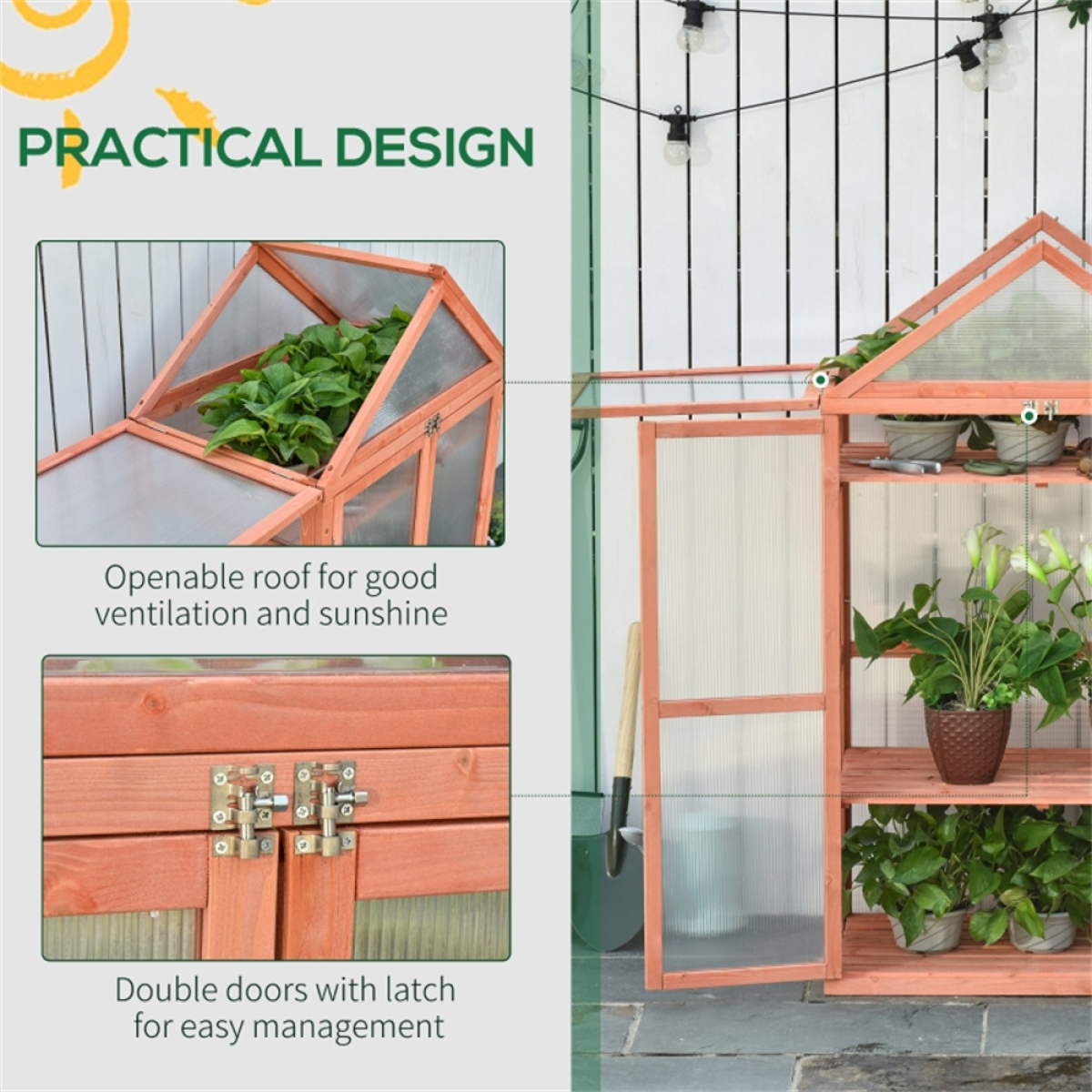 Wooden Mini Greenhouse with 3-Tier Adjustable Shelves & Double Doors – Polycarbonate Garden Plant House, Orange