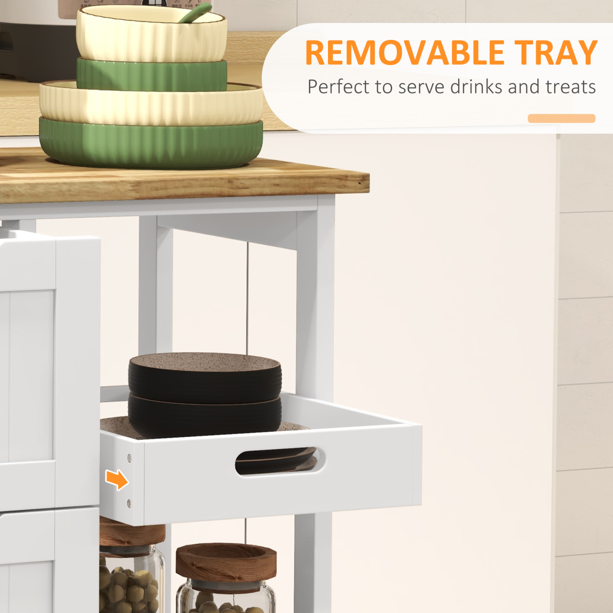 HOMCOM Rolling Kitchen Island & Bar Serving Cart with 3 Drawers & 2 Shelves – Wooden Worktop, White