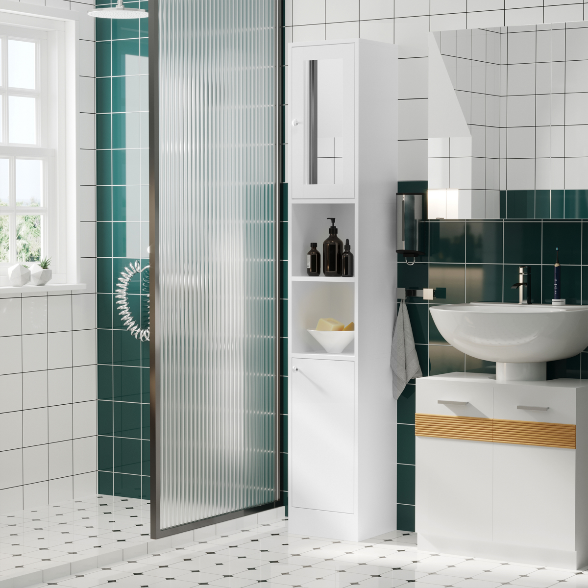 kleankin Tall Bathroom Tallboy Cabinet with Mirror & Shelves – Space-Saving Corner Storage