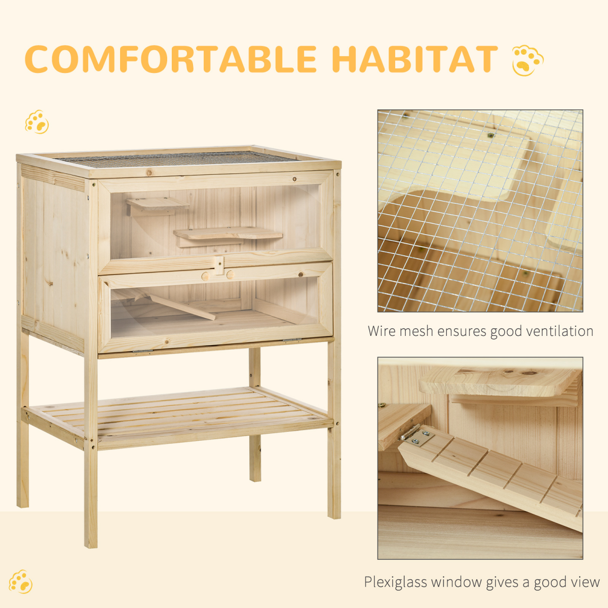 Wooden Hamster Cage with Hinged Top, Front Door and Plexiglass Window – Natural Fir Wood Pet Cage