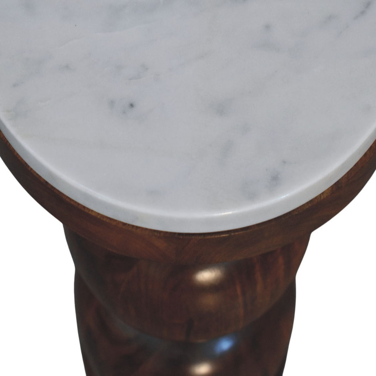 Artisan Furniture Solid Wood Marble Top Bulla Side Table with Stacked Rounded Base – Accent Table, Brown & White