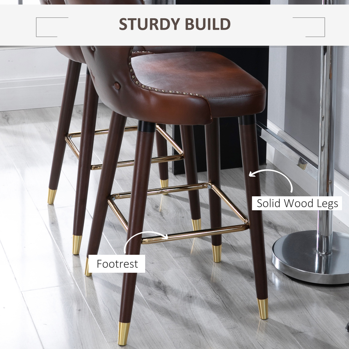 HOMCOM Luxury European Style PU Leather Bar Stools, Set of 2 with Padded Seat & Footrest – Brown