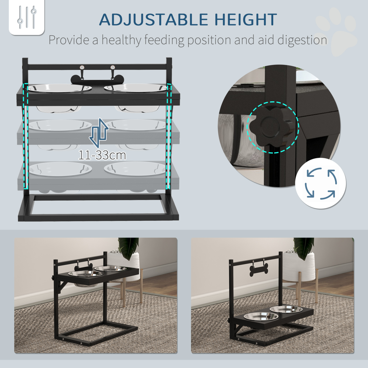 PawHut Raised Dog Bowl Stand with Two Stainless Steel Bowls – Adjustable Height Feeder, Black