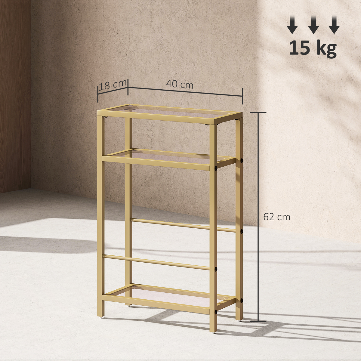 HOMCOM Slim Side Table with Three-Tier Tempered Glass Shelves – 18 cm Narrow End Table, Gold Tone