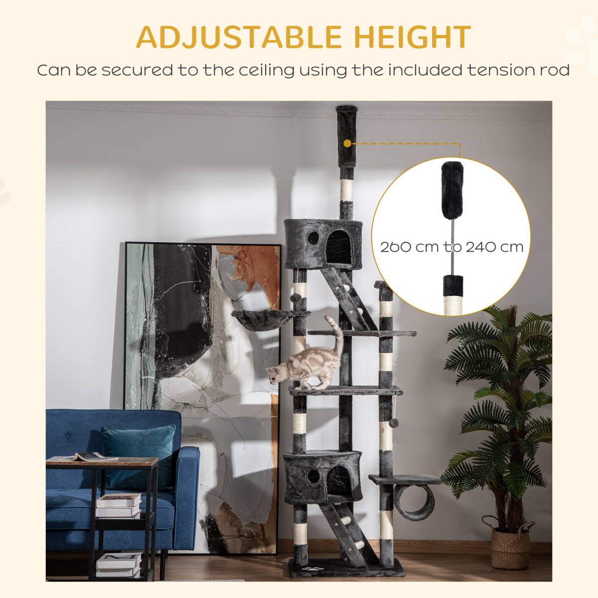 PawHut 240–260cm Floor-to-Ceiling Cat Tree with Houses, Hammocks, Ramps & Scratching Posts – Dark Grey
