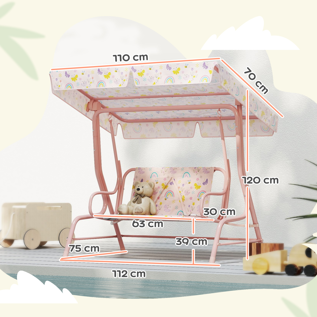 AIYAPLAY Kids Rainbow Canopy Swing Seat with Adjustable Sun Canopy & Safety Belts – Outdoor Garden Swing, Pink