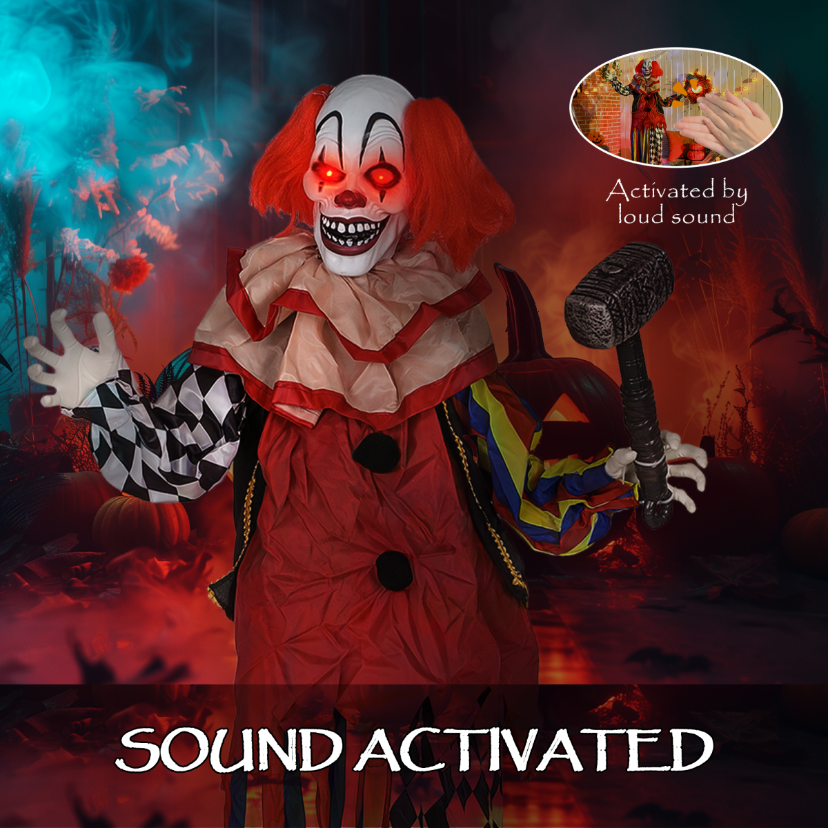 Outsunny Sound Activated Halloween Animatronic Clown – 173 cm Life-Size with Red Light-Up Eyes, Multi-Coloured