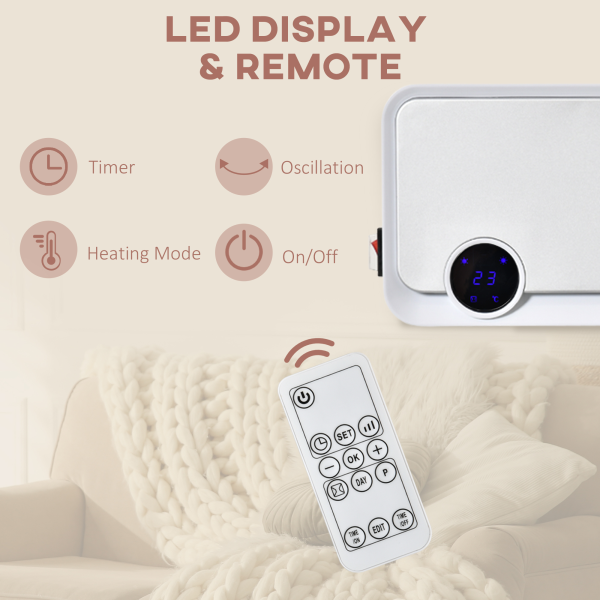 HOMCOM Wall Mounted Downflow Ceramic Heater with 12h Timer, Remote Control and 30° Oscillation – 1000W/2000W