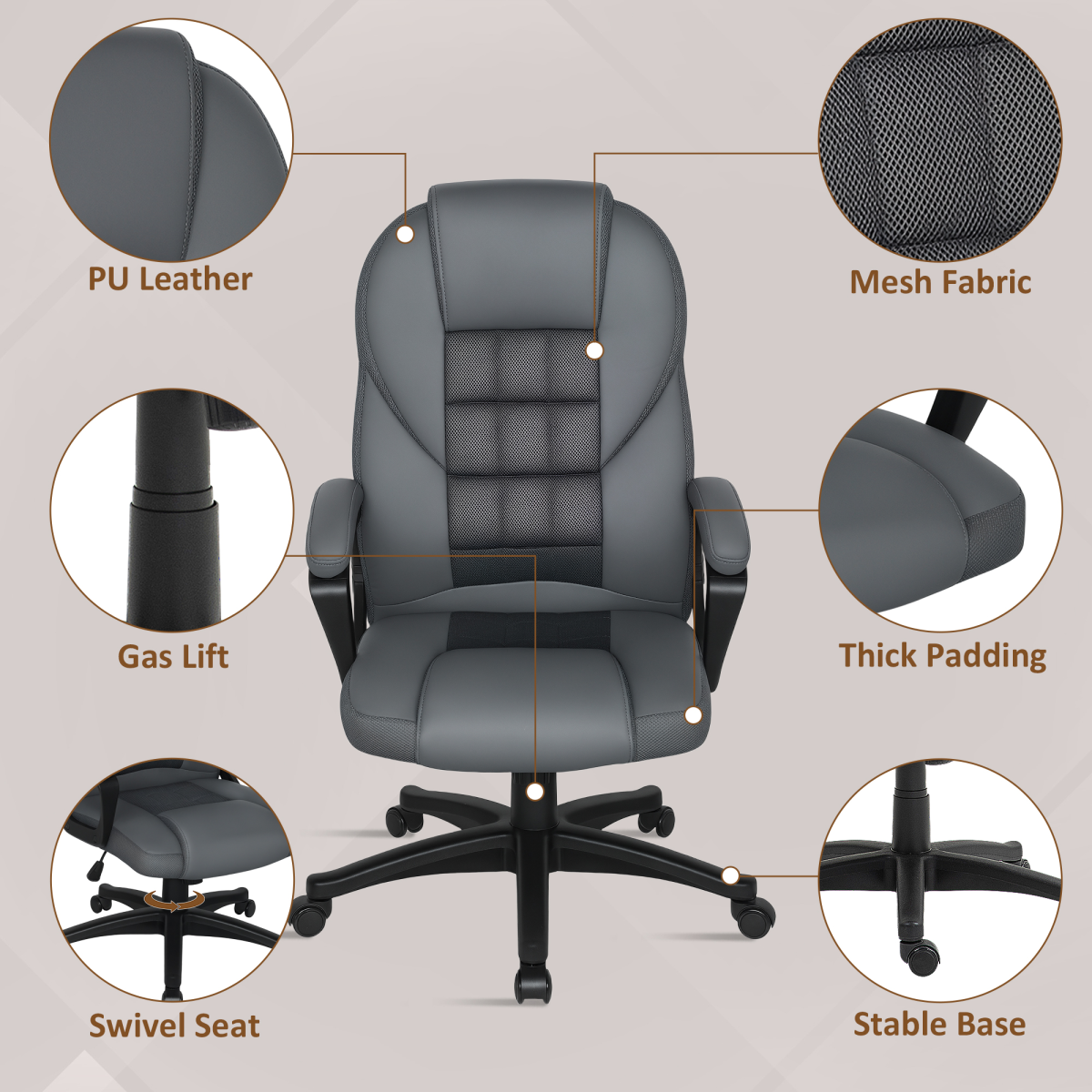High Back Faux Leather Executive Office Chair with Tilt and Padded Armrests – Charcoal Grey