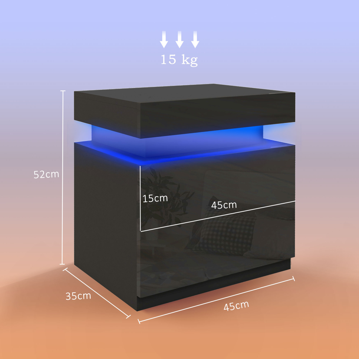 HOMCOM High Gloss Bedside Table with LED Light and 2 Drawers – Remote-Controlled Side Table, Black