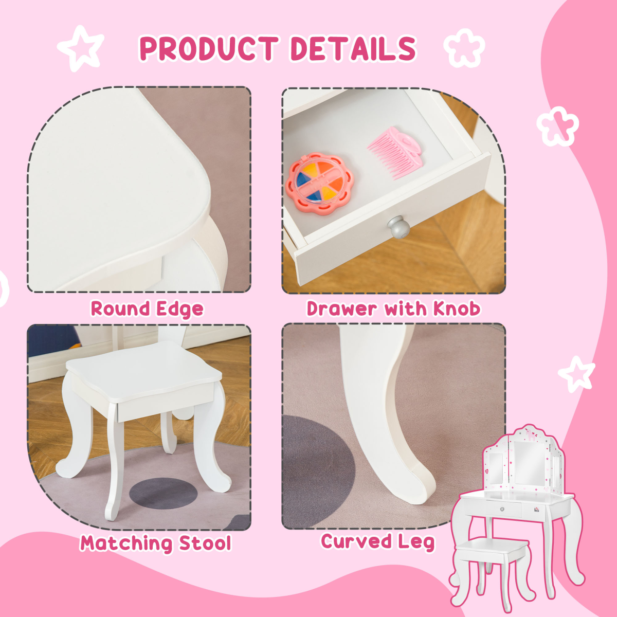 HOMCOM Kids Vanity Table and Stool Set with Rotatable Mirrors & Drawer – Girls' Dressing Table, Stars & Hearts