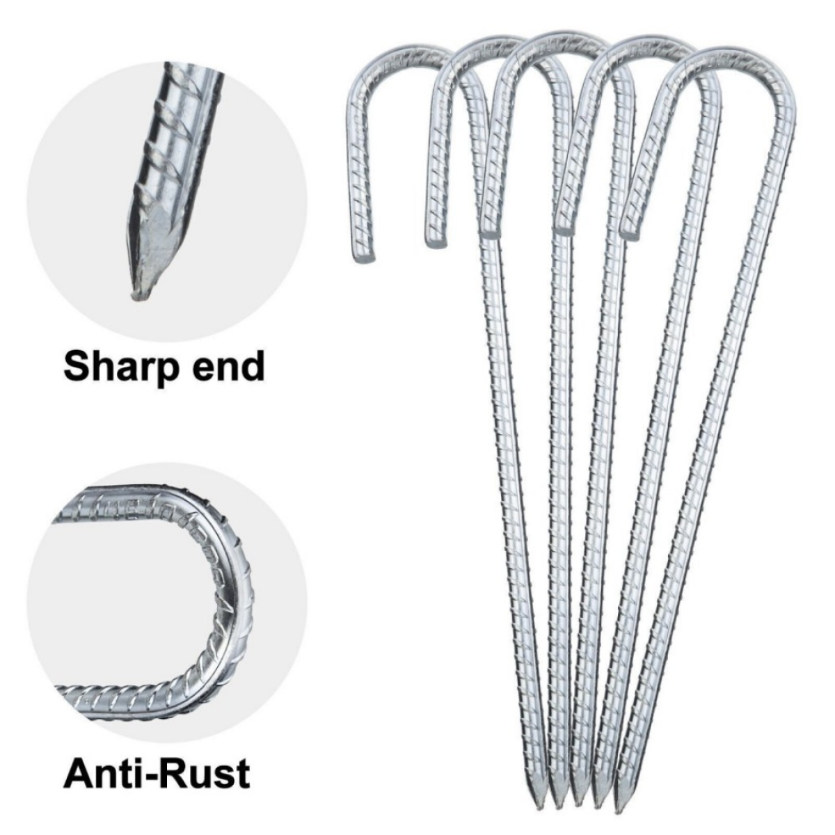 Heavy Duty J-Shaped Steel Ground Anchor Pegs, 8 Pack – 30cm Stakes for Trampolines, Tents and Gazebos, Silver