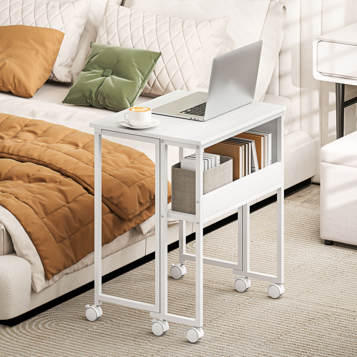 Folding Drop Leaf Writing Desk with Lower Shelf & Storage Bag – Mobile Desk on Wheels, Natural Wood Finish & White