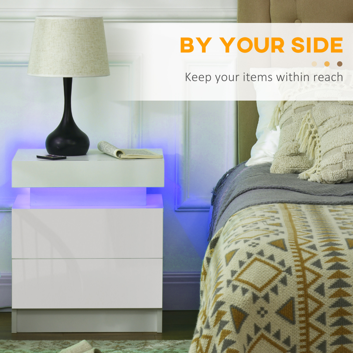 HOMCOM White High Gloss Bedside Table with LED Light Strip and 2 Drawers – Bedroom Nightstand with Storage