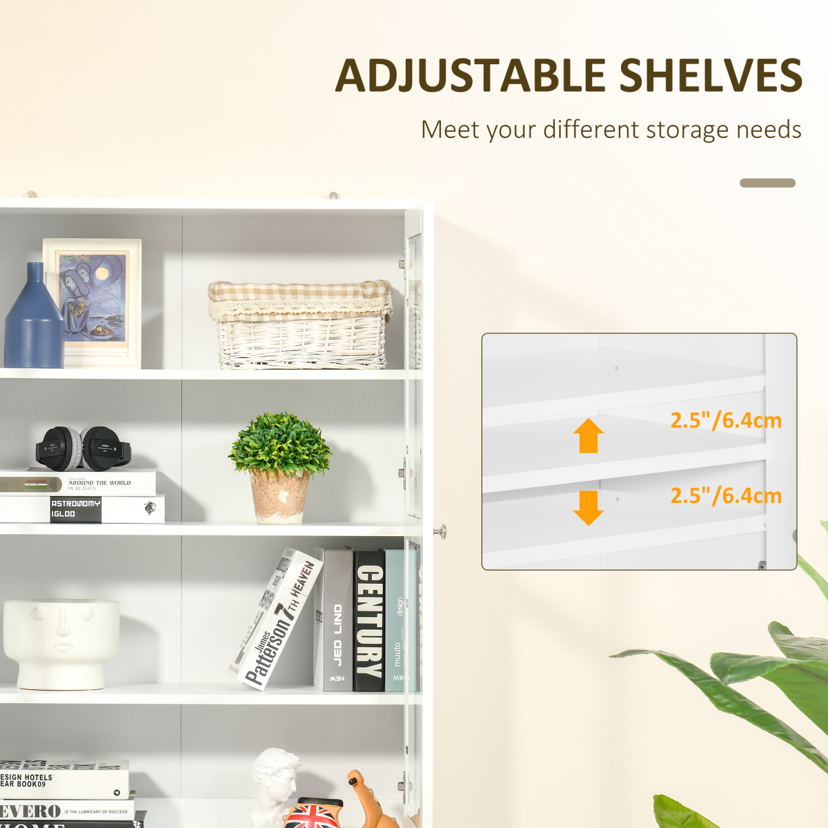 HOMCOM Modern Bookcase Display Storage Cabinet with Doors & Adjustable Shelves – Living Room & Office Storage