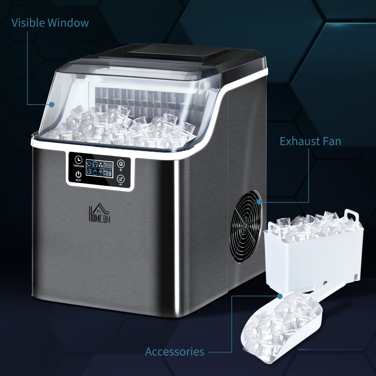 HOMCOM Countertop Ice Maker with Adjustable Cube Size, 20kg per Day – Compact Kitchen Appliance, Black