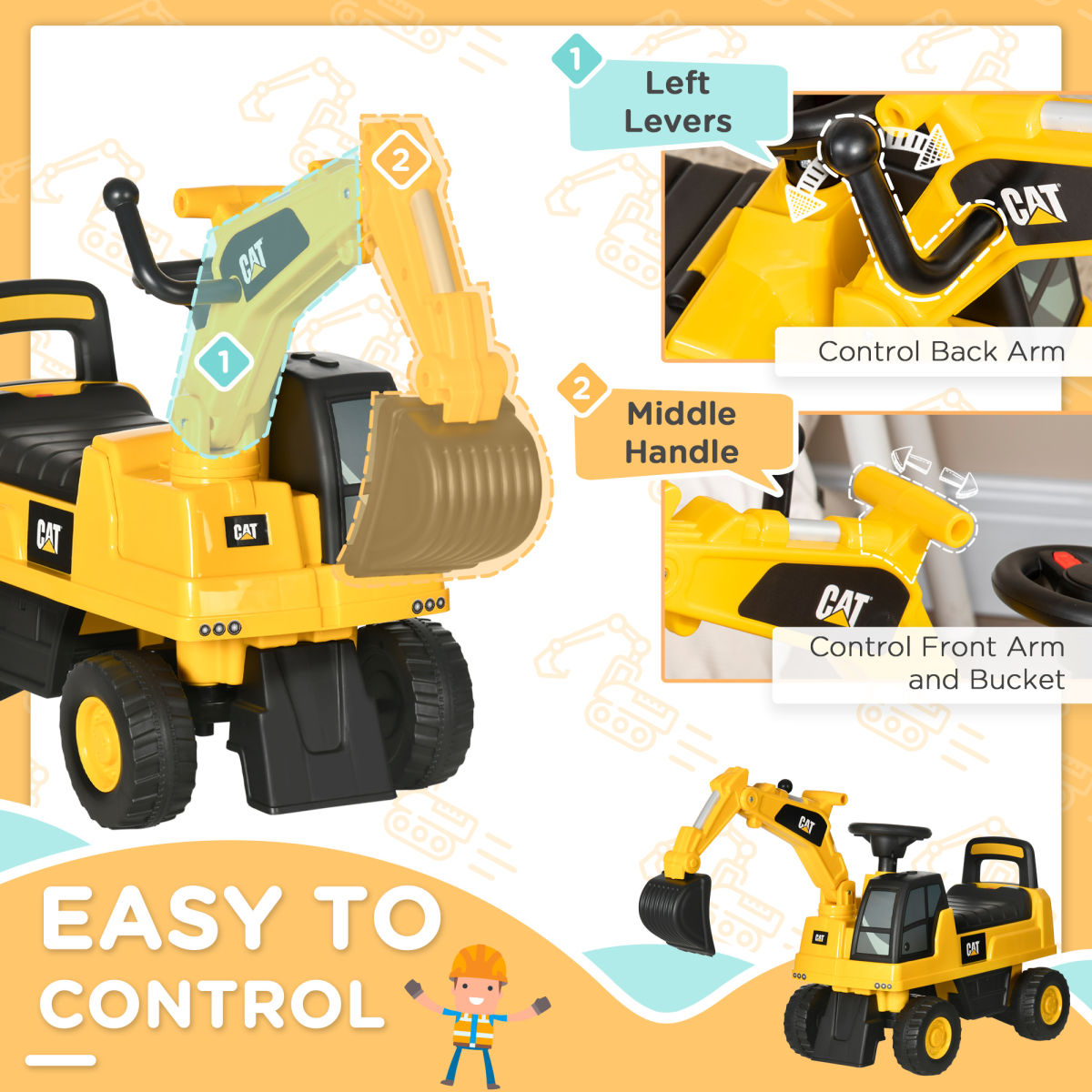 HOMCOM CAT Licensed Kids Ride-On Digger with Controllable Shovel and Under-Seat Storage – For 1-3 Years