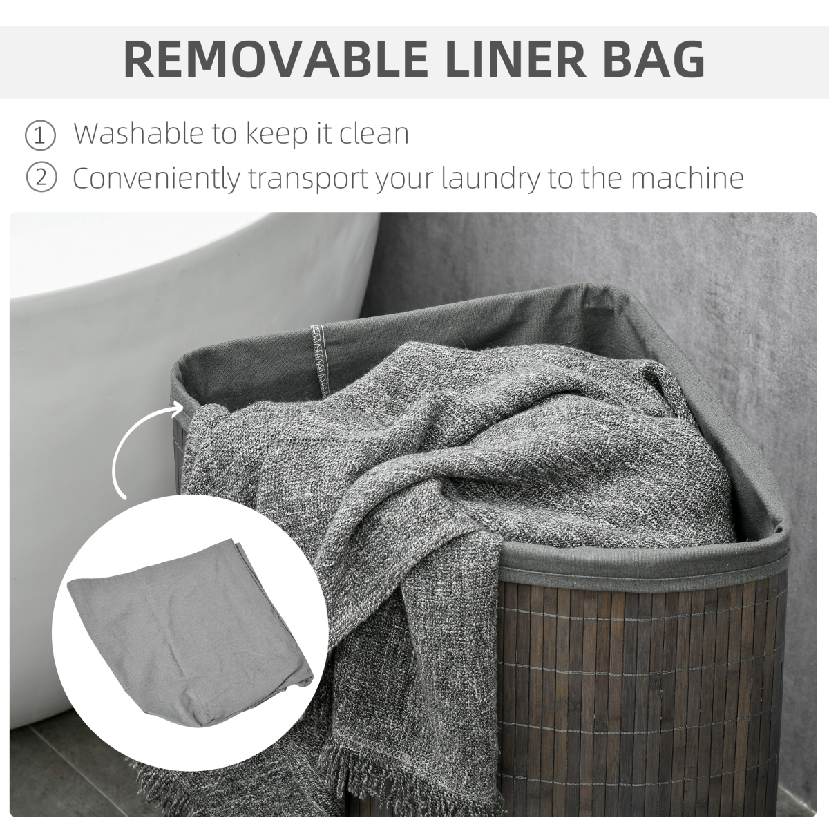HOMCOM 55L Bamboo Corner Laundry Hamper with Removable Fabric Liner – Space-Saving Storage, Grey